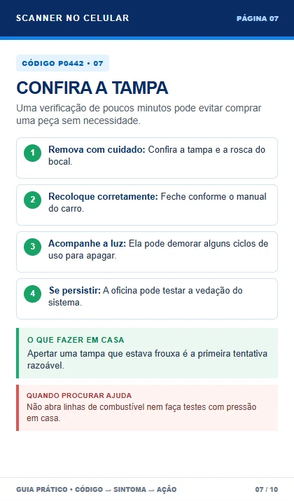 Página da apostila com passos para verificar a tampa do tanque no código P0442
