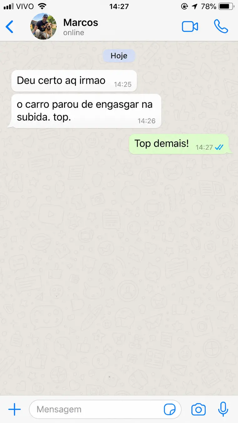 Conversa enviada por Marcos relatando que o carro parou de engasgar na subida
